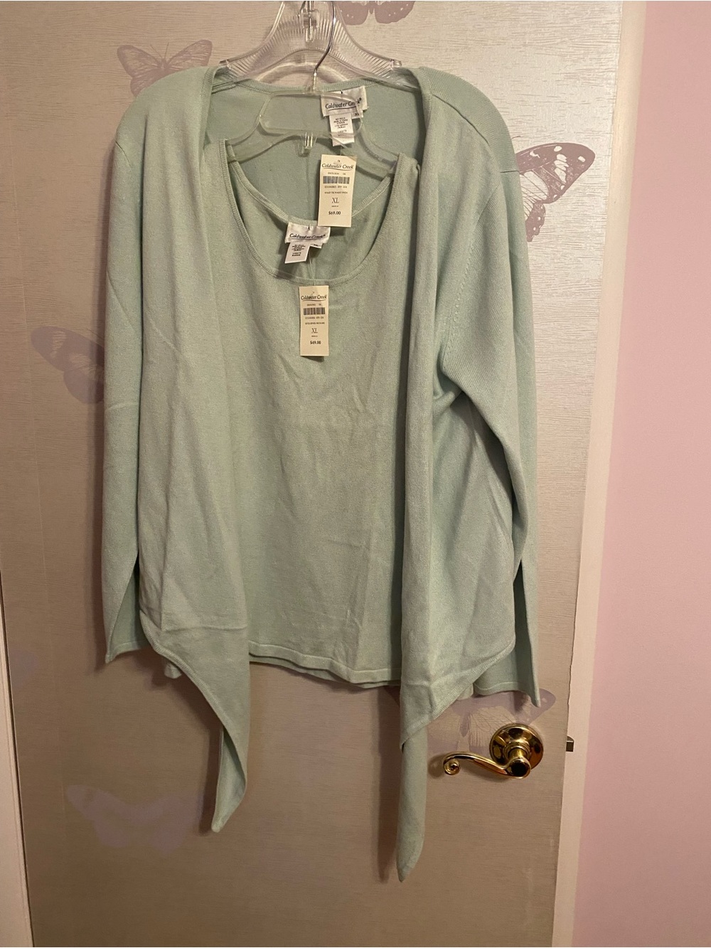 Coldwater Creek Mint Green Knit Cardigan tie Tank Set Silk Cashmere & wool XL-18